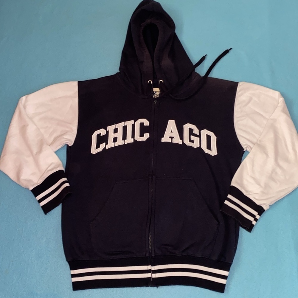 NEW YORK POPULAR Chicago jacket coat hood long sleeve navy white zip up size XS